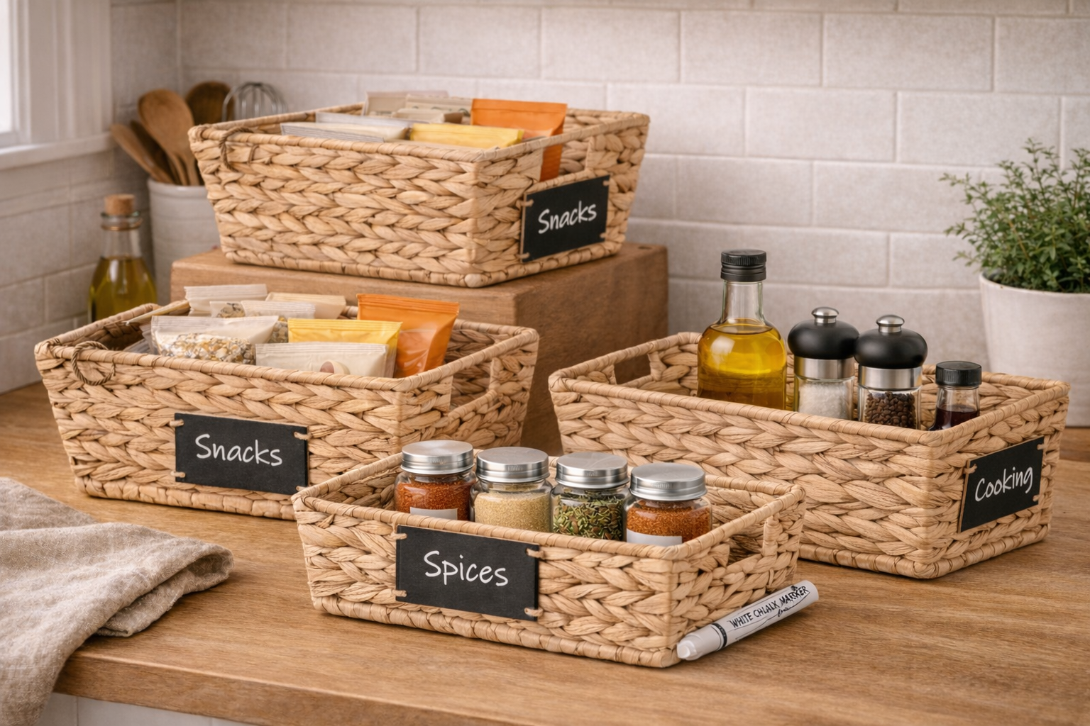Woven kitchen storage baskets used to organize snacks, spices, and cooking essentials on a wooden countertop in a bright, cozy kitchen
