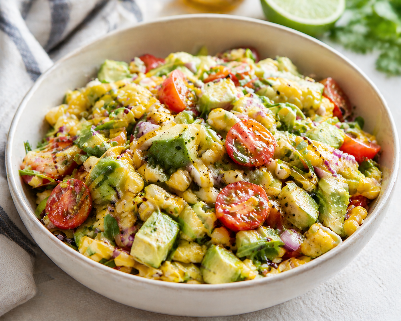 Fresh avocado corn salad with cherry tomatoes and red onion in a white bowl, lightly dressed with lime juice and olive oil in natural daylight