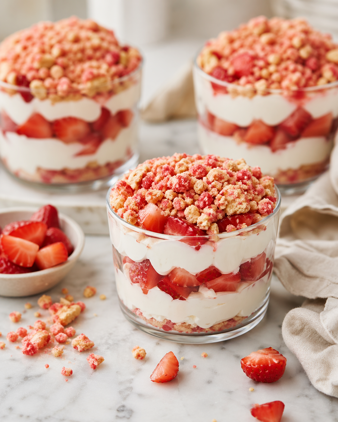 Strawberry crunch cheesecake cups in glass jars with layers of creamy no bake cheesecake, fresh strawberries, and golden Oreo strawberry crumble topping