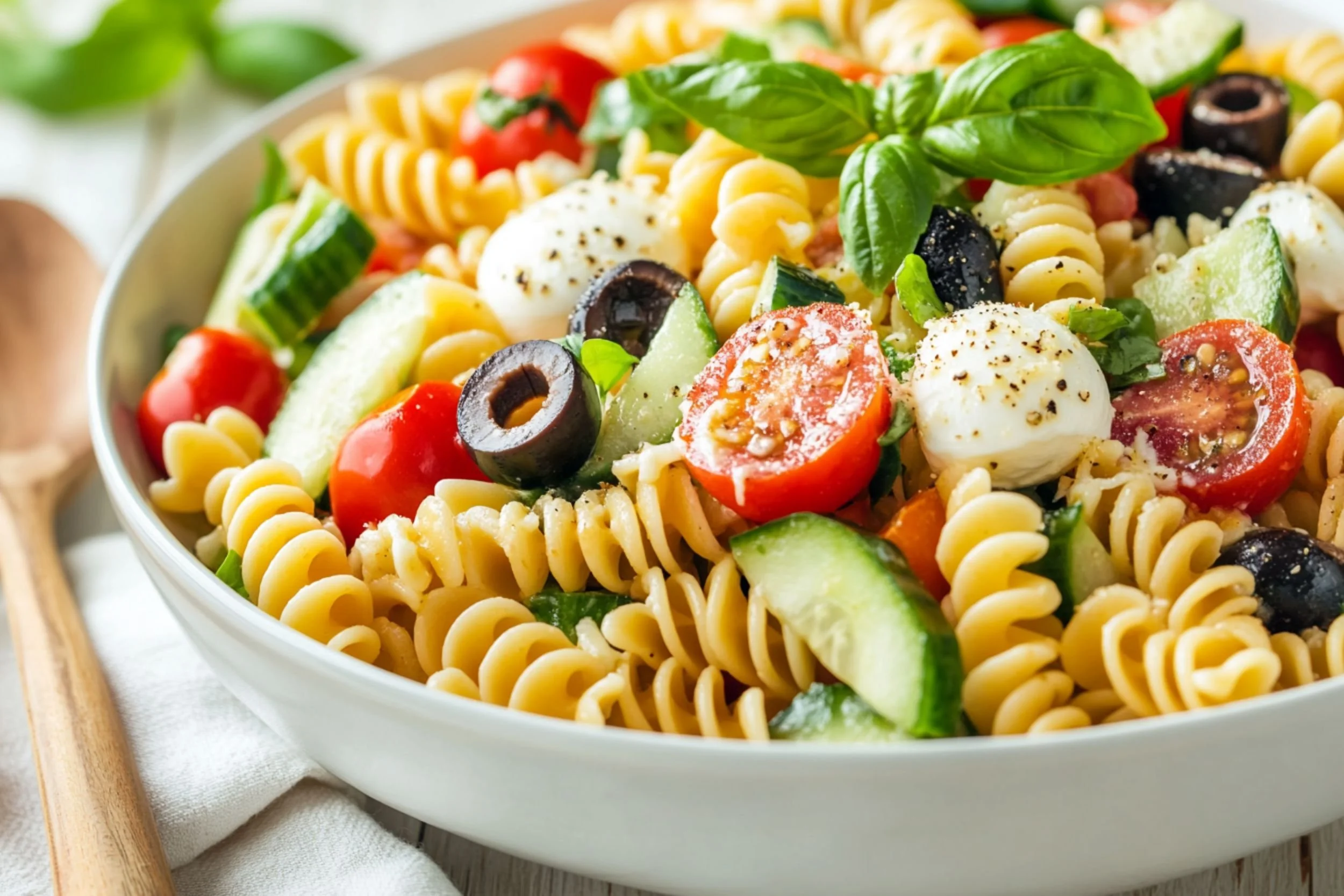 Easy summer pasta salad with rotini, cherry tomatoes, cucumber,  black olives, and mozzarella pearls in a white bowl