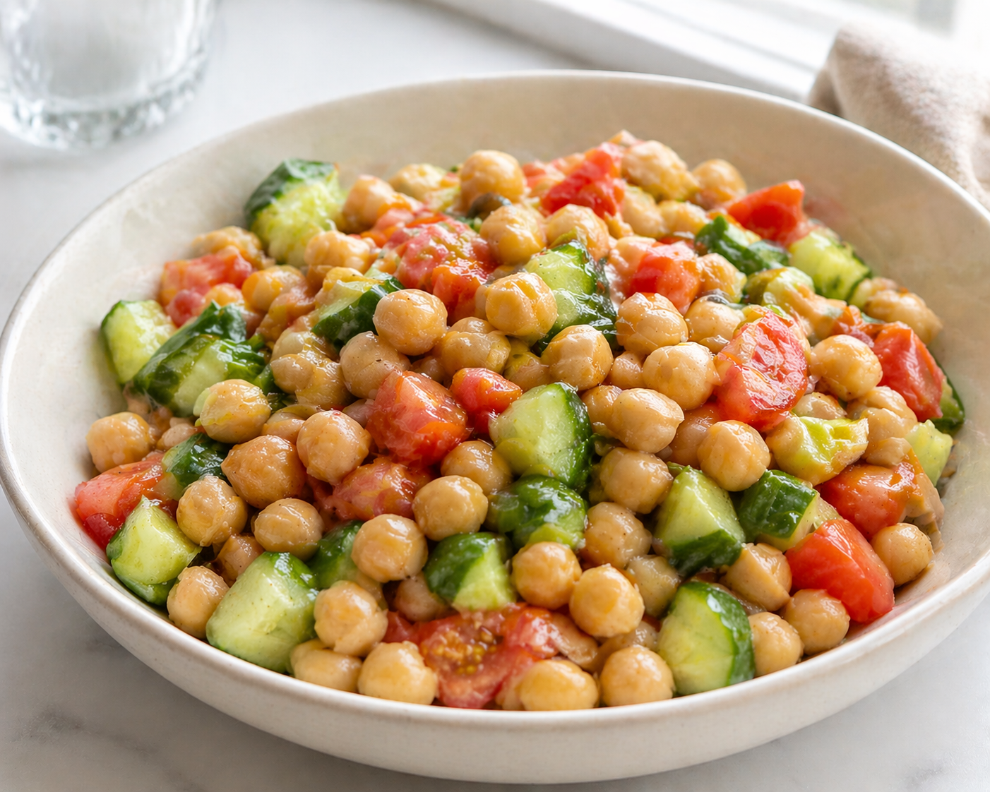 Fresh chickpea salad with cucumber and tomatoes in a white ceramic bowl, lightly dressed with olive oil and lemon juice, photographed in natural daylight