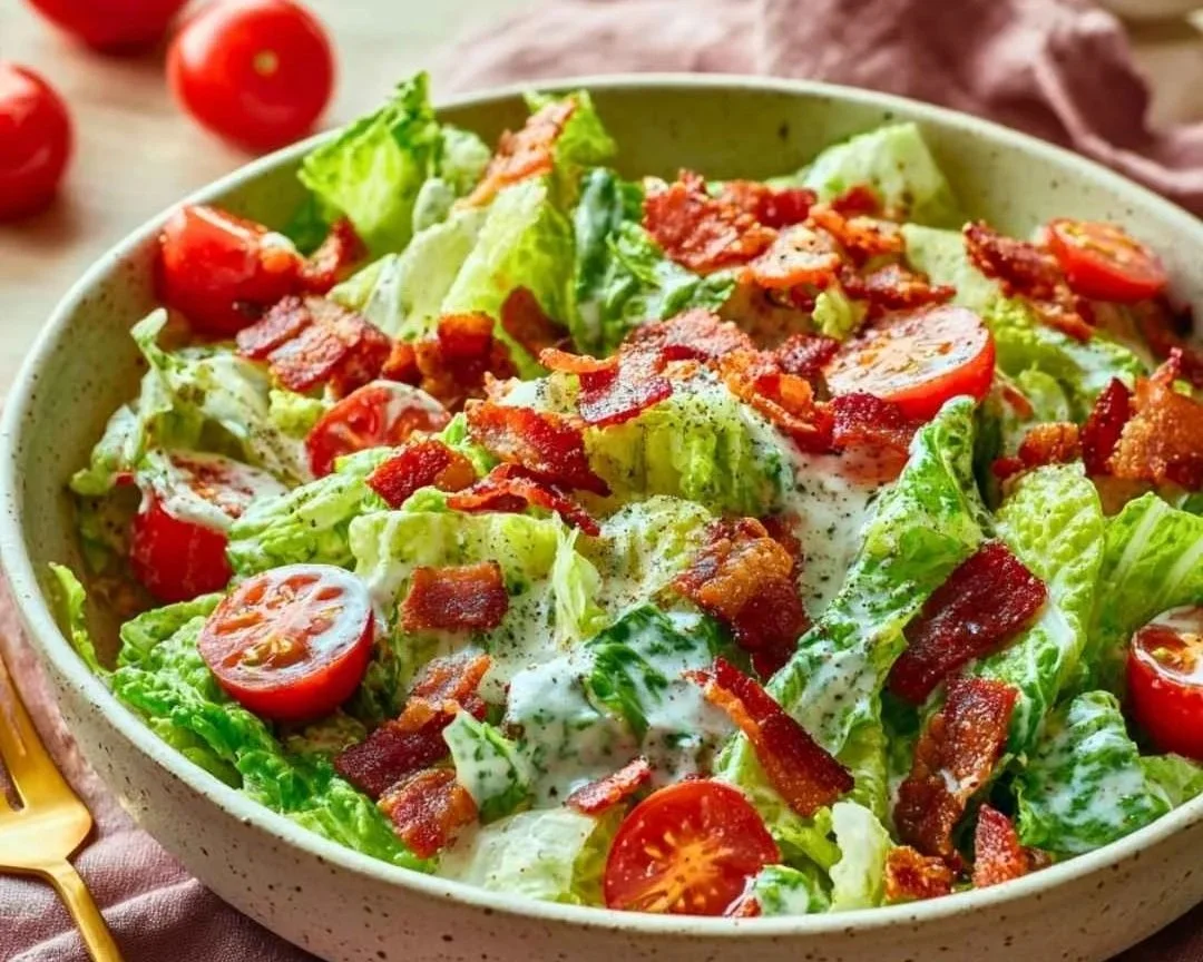 BLT salad with crisp romaine, cherry tomatoes, smoky bacon, and ranch dressing in a speckled ceramic bowl.