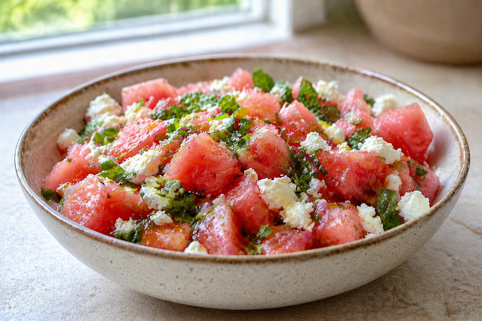 Watermelon feta salad with fresh mint and lime dressing in a ceramic bowl on a light kitchen countertop with natural summer daylight