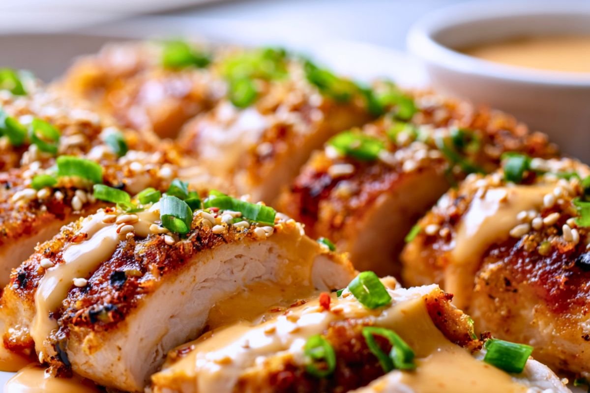 Close-up of sliced bang bang grilled chicken dripping with creamy sweet-and-spicy sauce