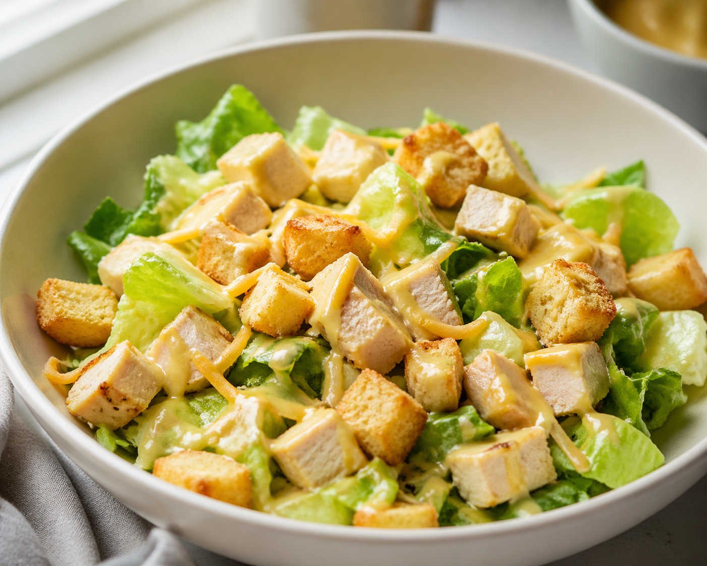 Fresh honey mustard chicken salad with chopped lettuce, juicy chicken breast, shredded cheese, crispy croutons, and a light honey mustard dressing in a ceramic bowl