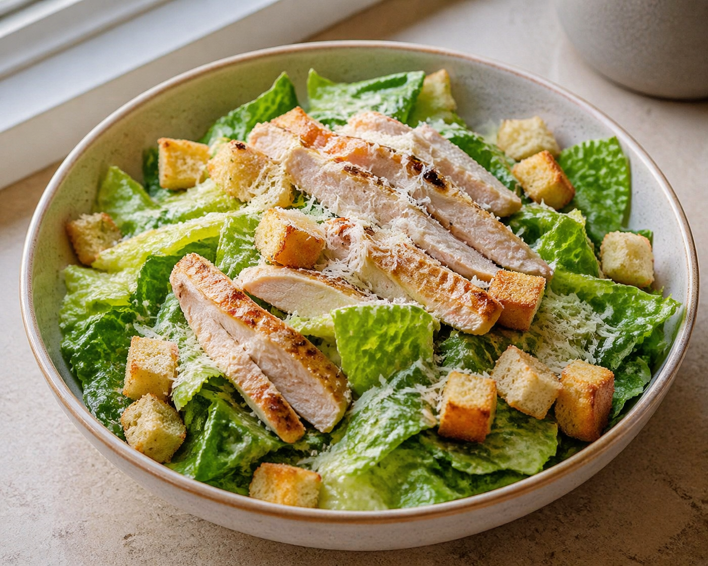 Homemade chicken Caesar salad with grilled chicken breast, crisp romaine lettuce, golden croutons, grated parmesan, and creamy Caesar dressing in a ceramic bowl