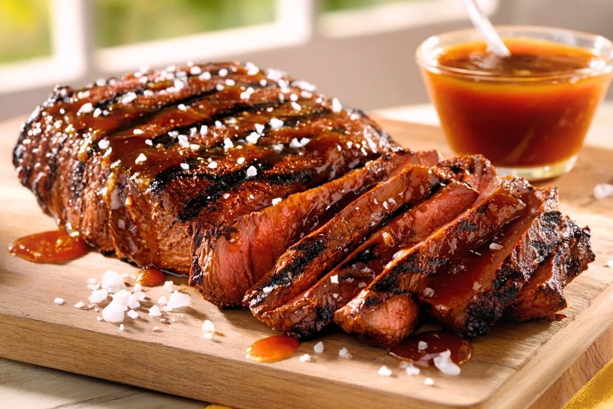 Grilled flat iron steak sliced and fanned on a wood board with a glossy sweet-heat glaze and juicy medium-rare center