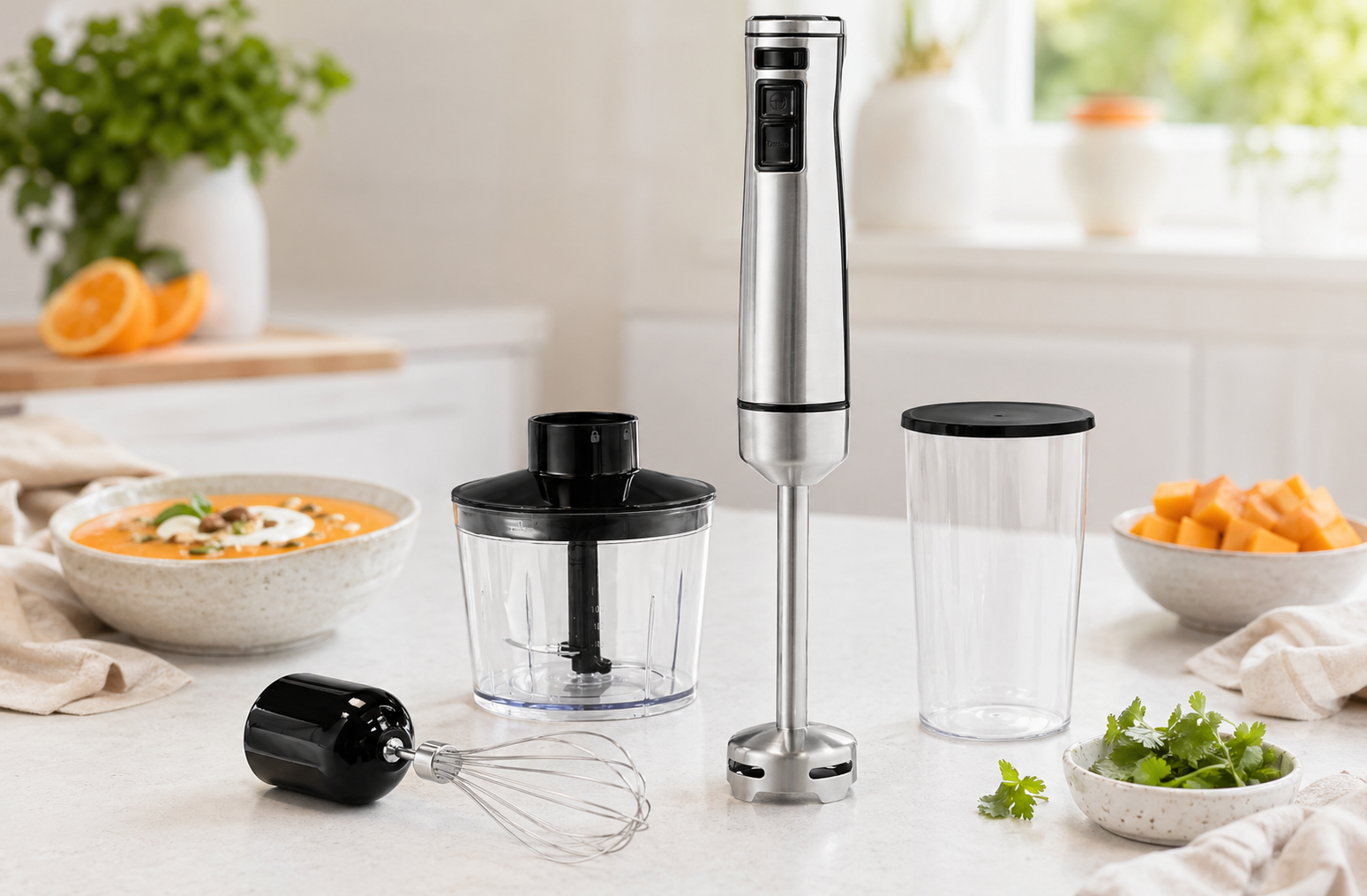 Immersion blender set with whisk, chopper bowl, and blending beaker styled for making creamy butternut squash soup.