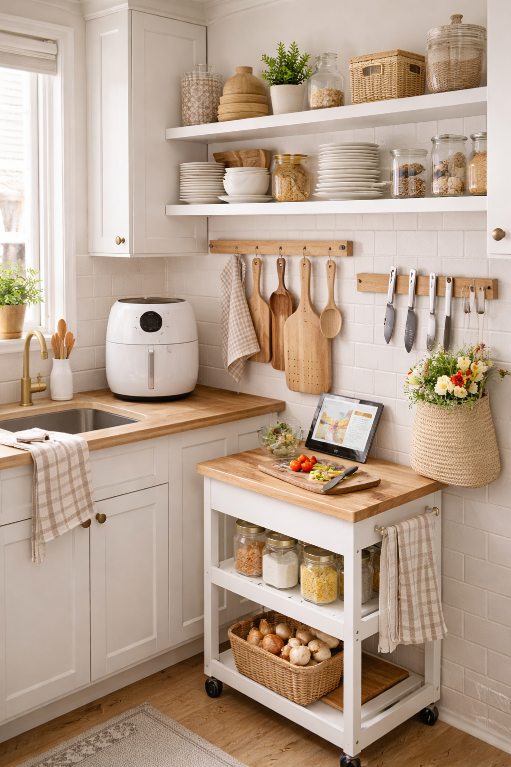 Busy mom small kitchen setup with open shelving, wooden countertops, rolling kitchen cart, air fryer, and organized utensils designed for functional everyday cooking in a small space