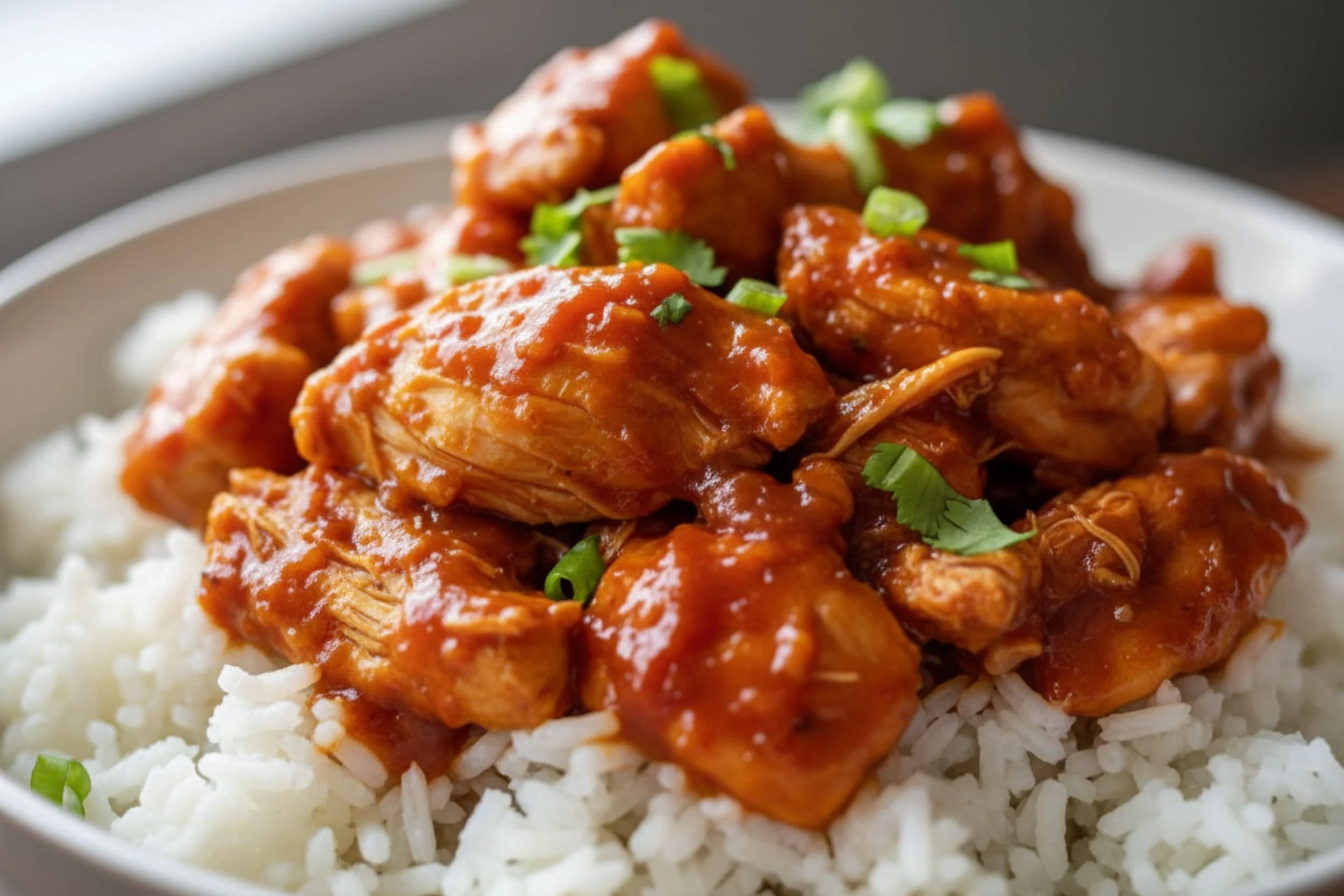 Sweet chili crockpot chicken served over white rice and garnished with fresh cilantro and green onions