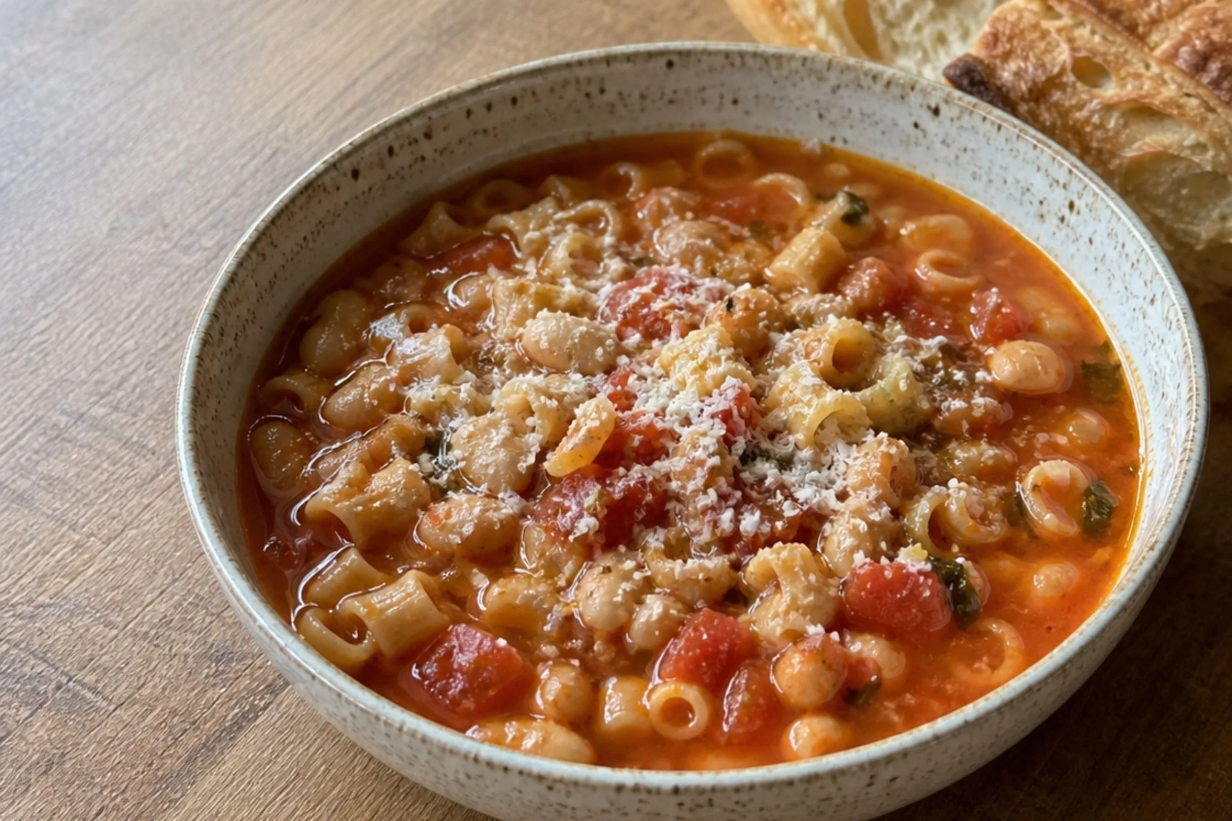 Bowl of pasta e fagioli with ditalini pasta, white beans, and tomato broth topped with parmesan