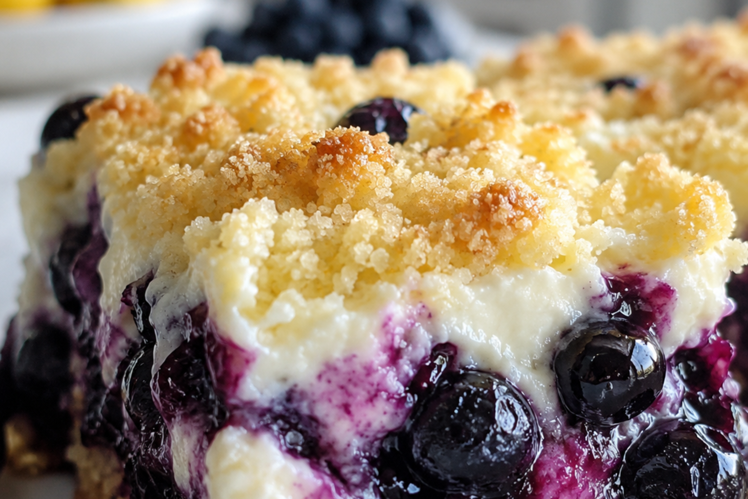 Lemon blueberry cheesecake dump cake served warm on a white plate