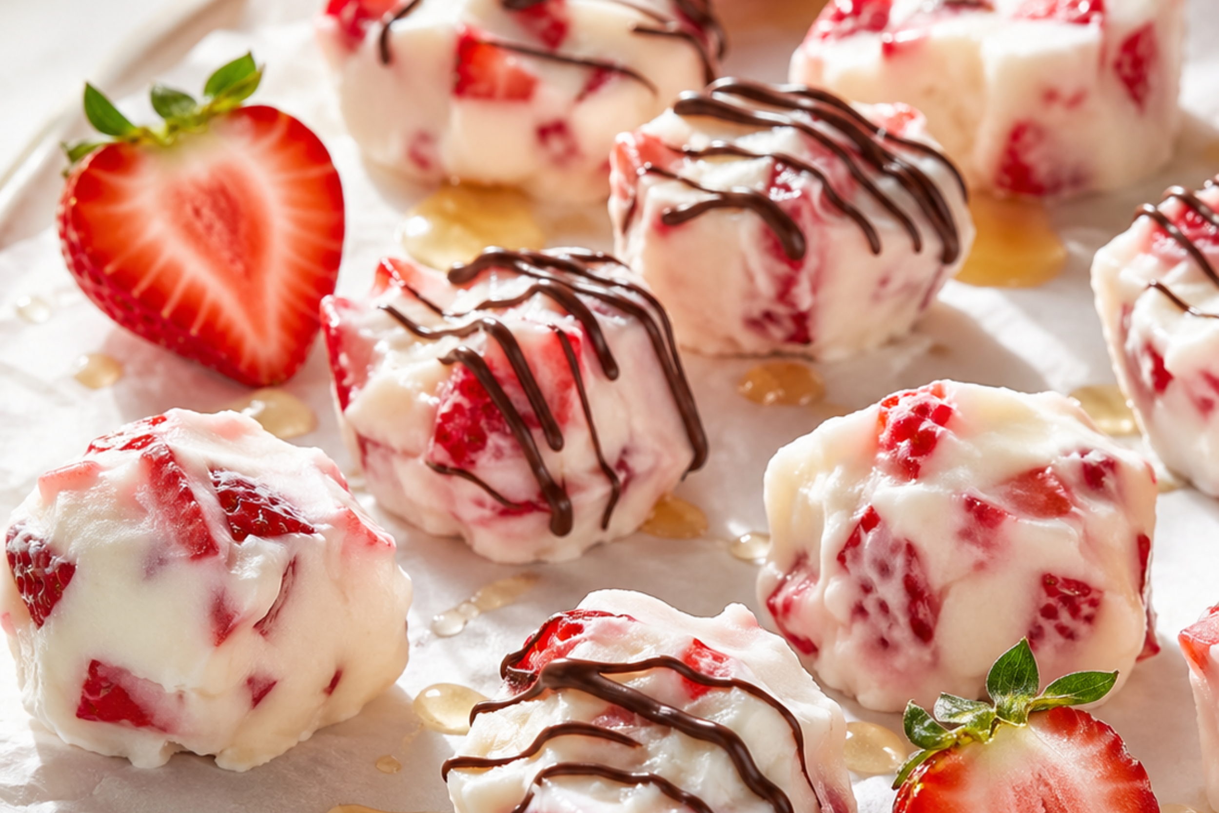 Strawberry frozen yogurt bites with fresh strawberries and chocolate drizzle – healthy high protein no bake snack