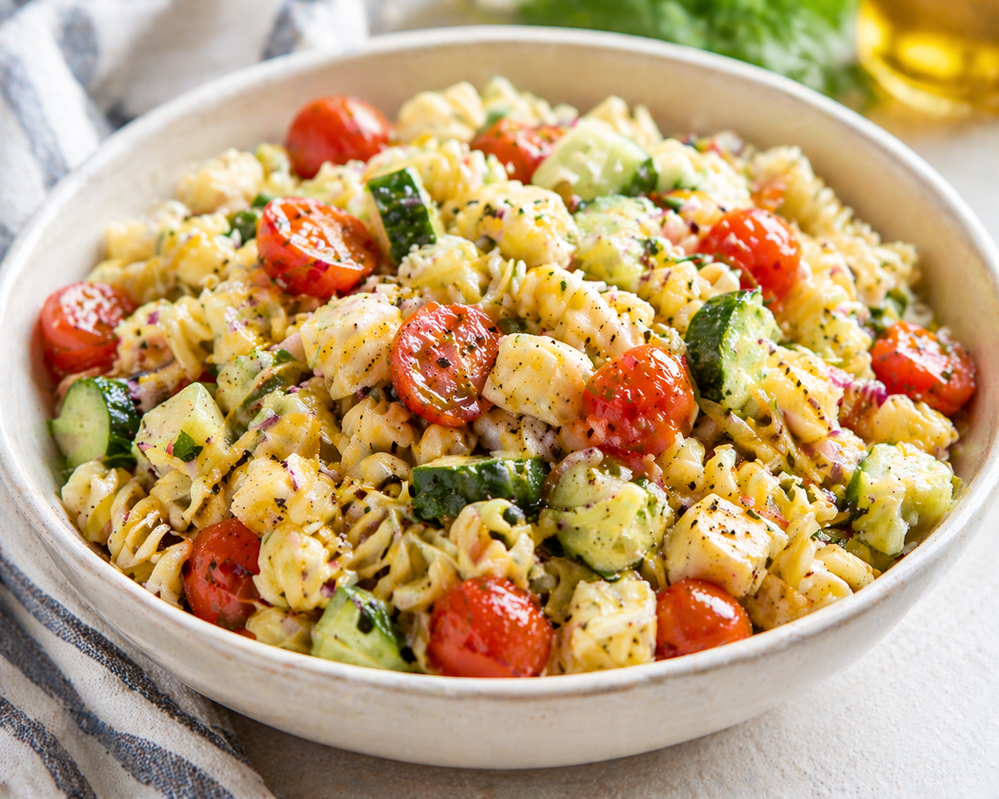 Classic pasta salad with cherry tomatoes, cucumber, cheese cubes, and Italian dressing in a white bowl in natural daylight