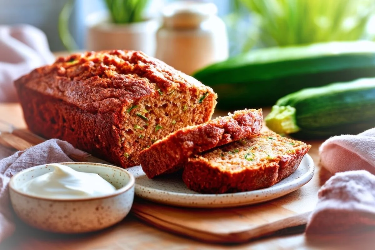 Sliced loaf of sour cream zucchini bread on a wood table beside a whole zucchini and sour cream