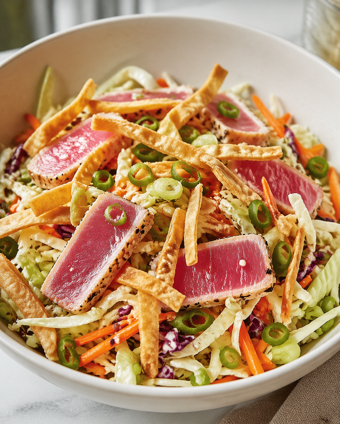 Ahi tuna wonton crunch salad with seared sushi-grade tuna, cabbage slaw, carrots, green onions, crispy wonton strips, and light Asian sesame dressing in a white bowl