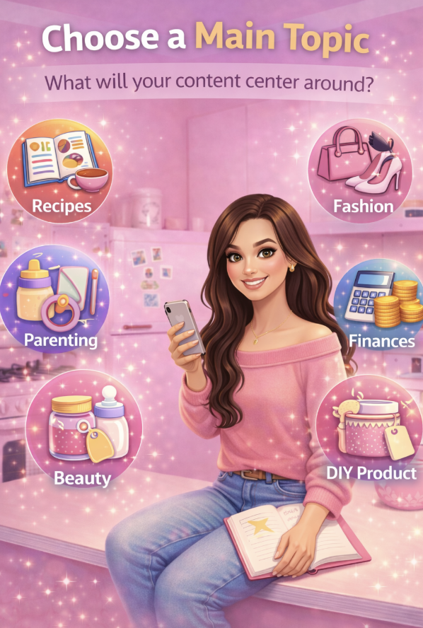Cartoon illustration of a woman in a pink kitchen choosing a main content topic, surrounded by icons for recipes, beauty, parenting, finances, fashion, and DIY products.