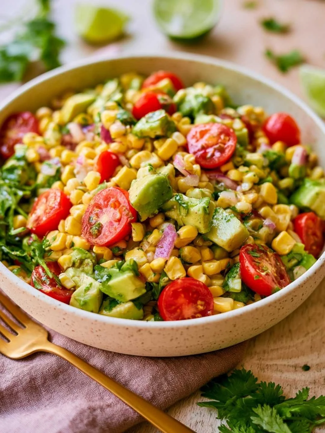 Avocado corn salad with cherry tomatoes and red onion in a speckled ceramic bowl, dressed with lime and olive oil.
