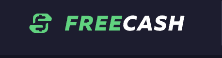 Text that reads 'FREE CASH' with a stylized dollar sign logo in green and white on a dark background.