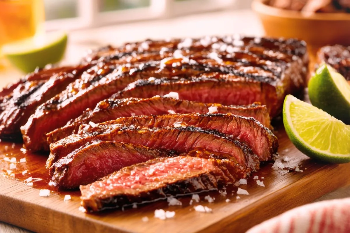 Grilled flank steak sliced thin against the grain on a dark board, glossy marinade glaze and charred grill marks