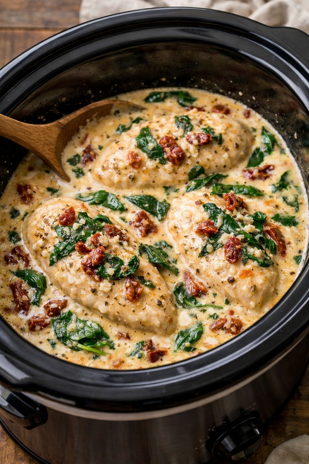 Creamy crock pot marry me chicken with sun-dried tomatoes, spinach, and garlic parmesan sauce in a slow cooker