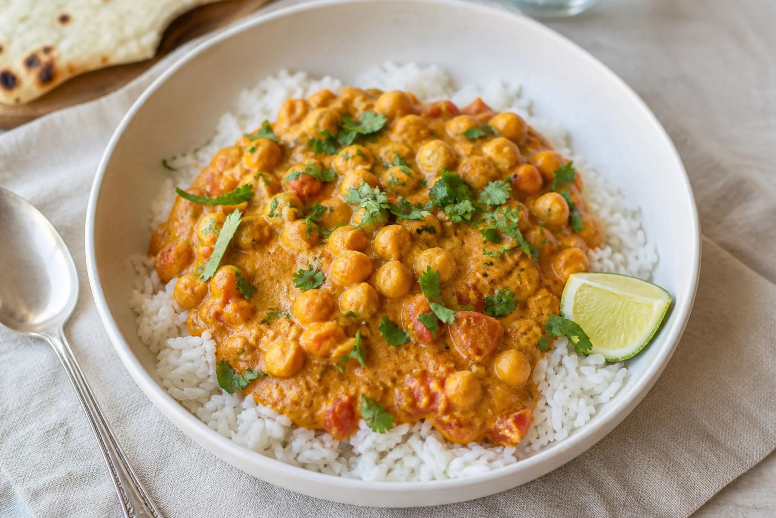 Bowl of chickpea curry over white rice garnished with cilantro and a lime wedge