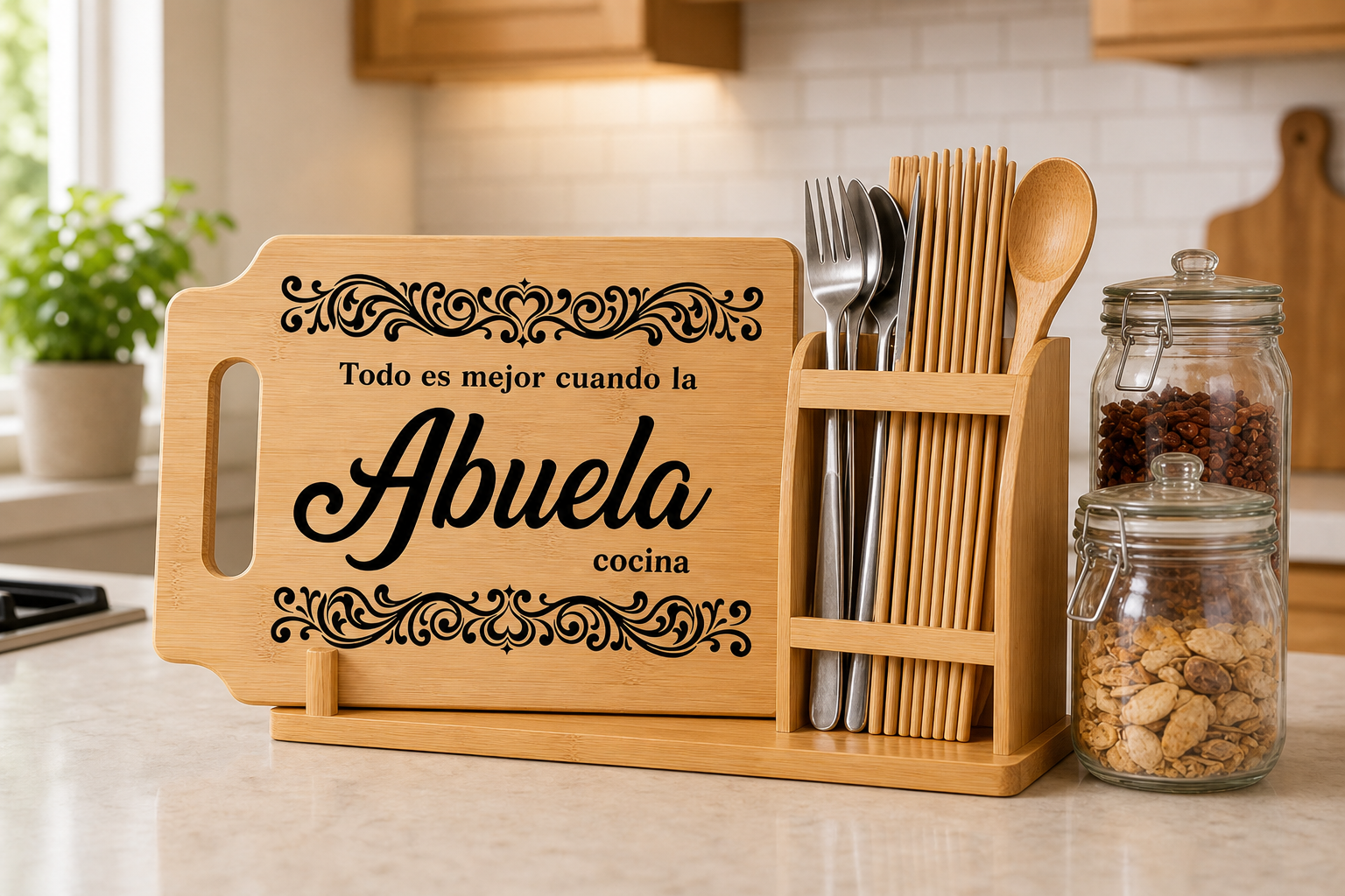 Personalized Abuela cutting board gift set with bamboo utensil holder and kitchen jars