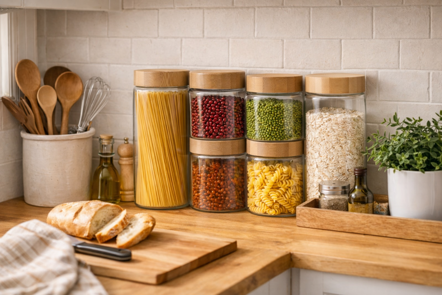Glass storage jars with bamboo lids filled with pasta, beans, oats, and dry goods, used for organized pantry storage in a clean, minimal kitchen setup