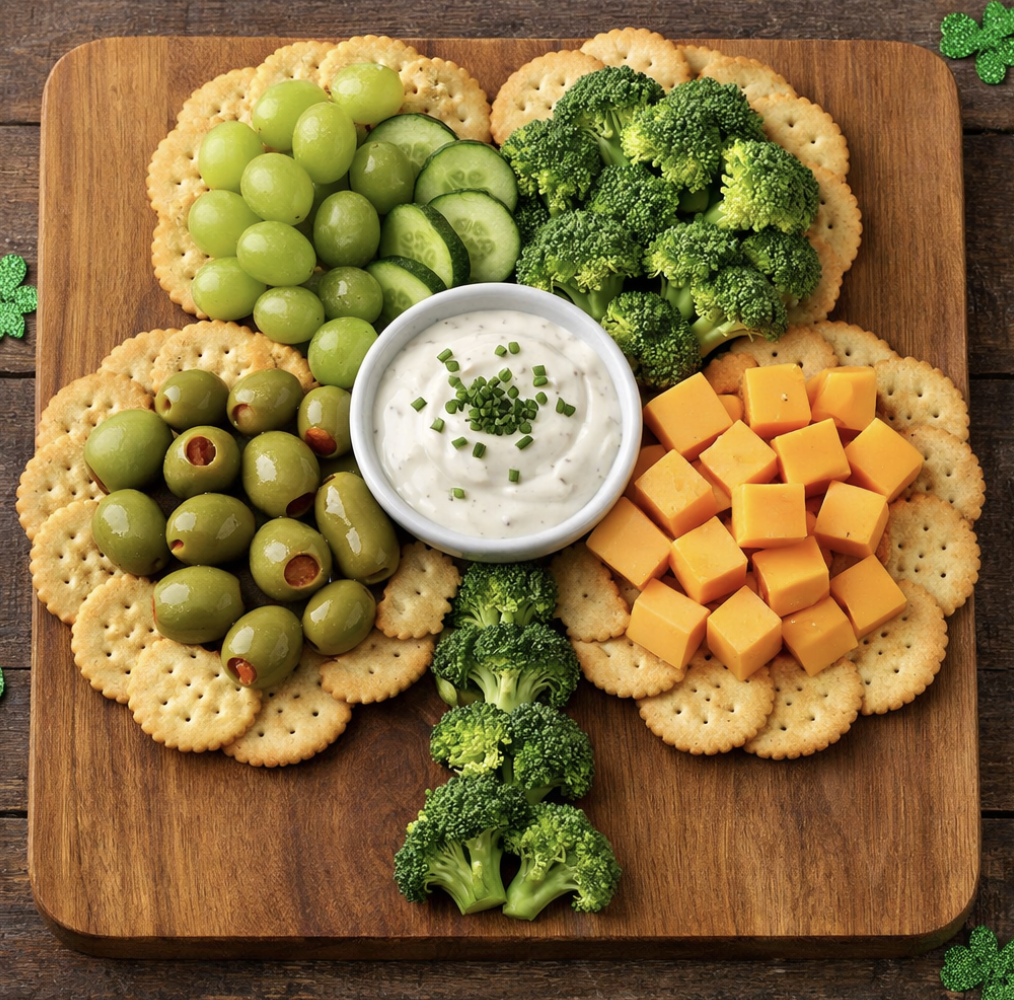 Lucky St. Patrick’s Day charcuterie board with green grapes, cucumbers, broccoli, olives, cheddar cubes, crackers, and ranch dip arranged on a square wooden board.