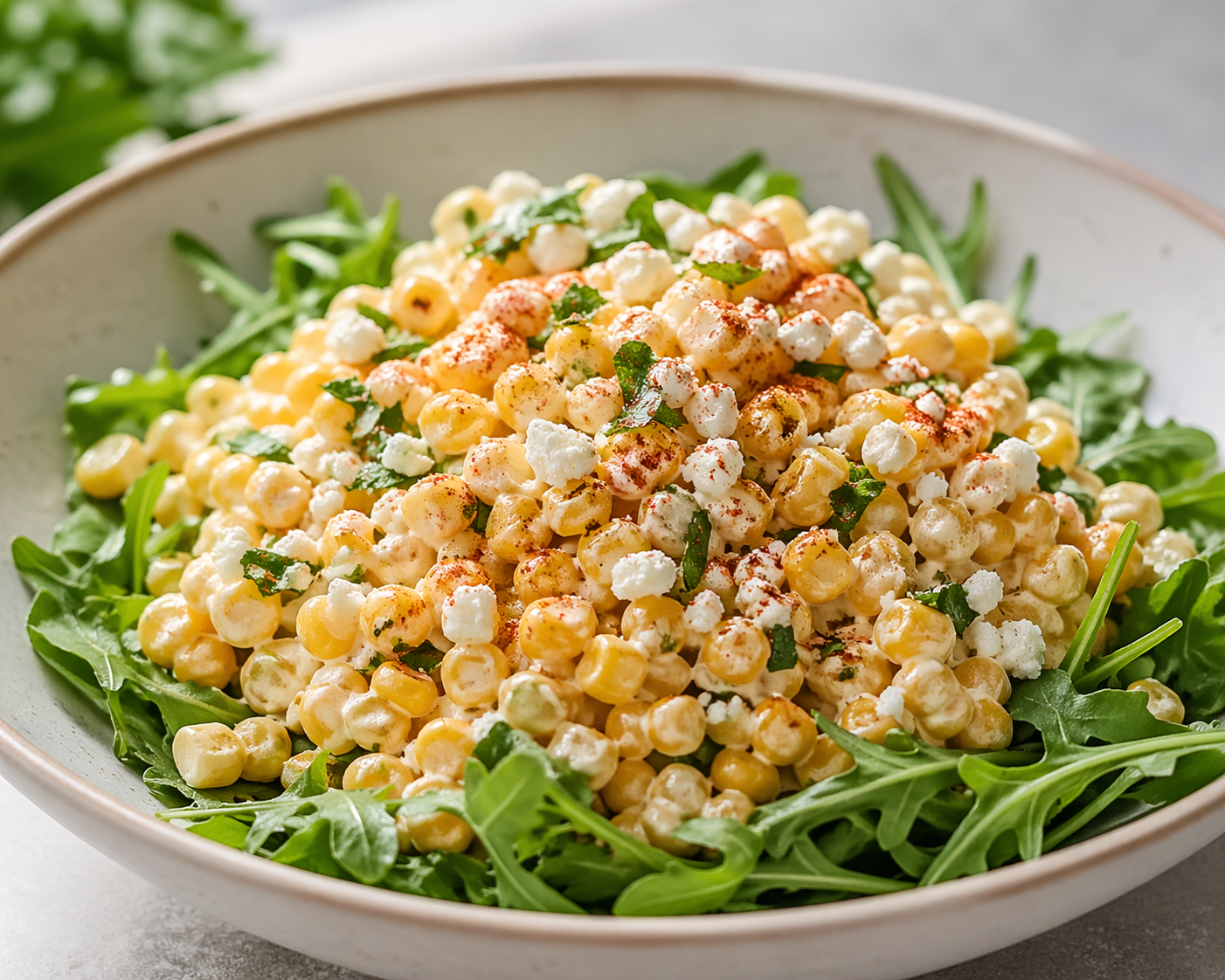 Mexican street corn salad with creamy dressing, cotija cheese, chili powder, and fresh arugula in a ceramic bowl