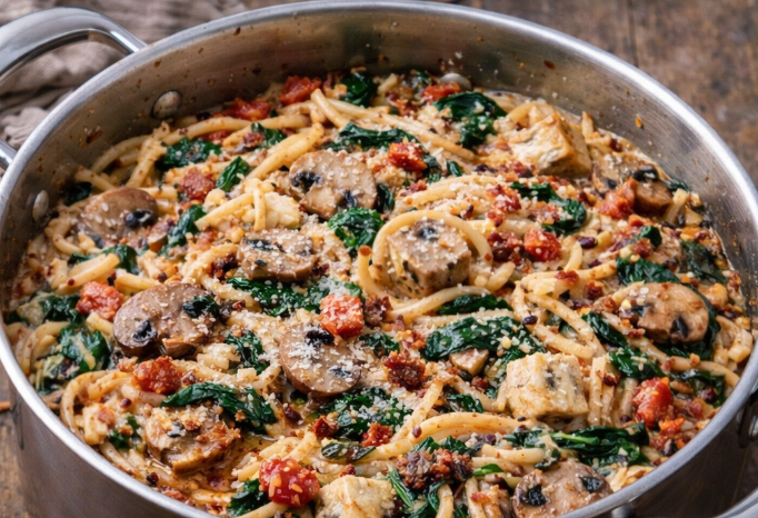 Pantry dump dirty spaghetti with mushrooms, spinach, and tomatoes in a stainless steel pot, easy one pot weeknight dinner ready in 30 minutes