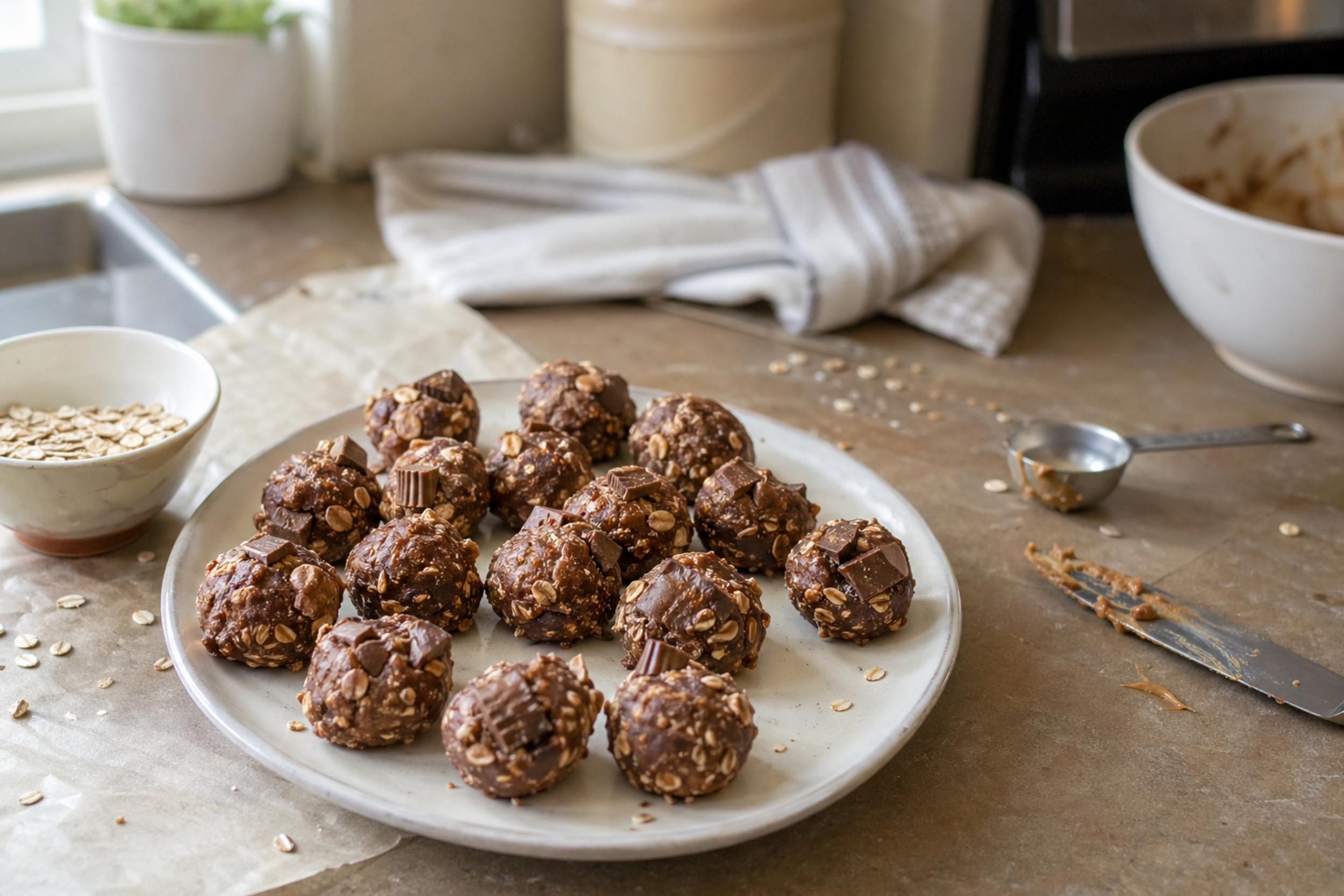 No-bake Reese’s protein balls made with oats, peanut butter, and chocolate, rolled into bite-sized energy bites on a plate