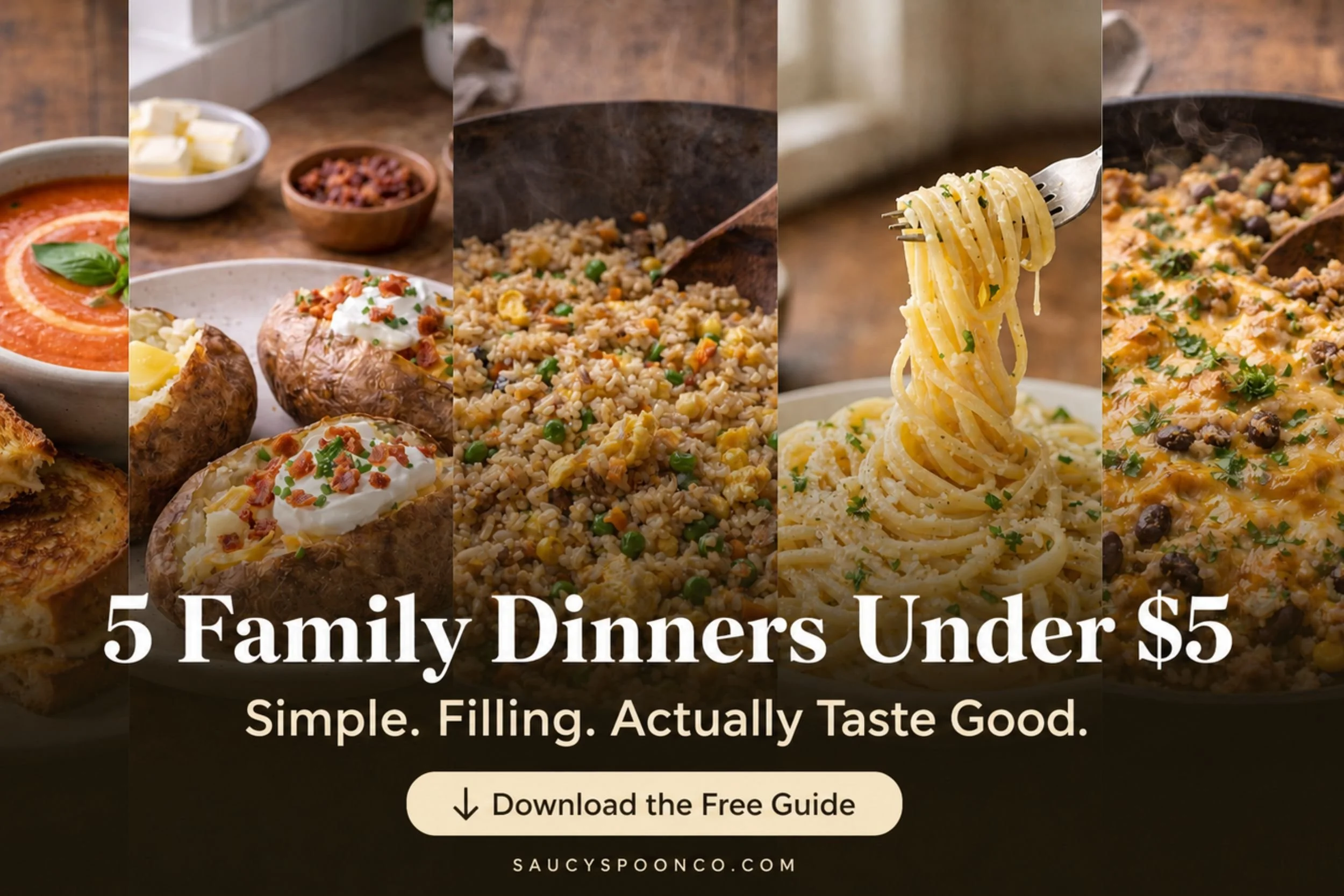 5 family dinners under $5 - baked potato, grilled cheese with tomato soup, garlic butter pasta, egg friend rice, cheesy bean skillet.