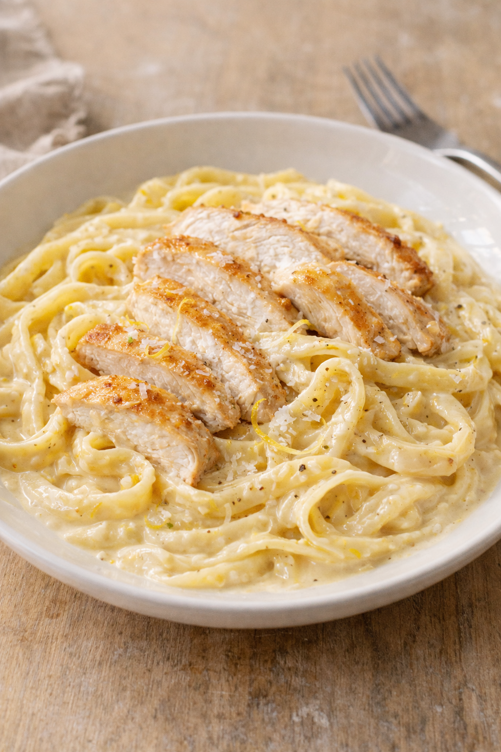 Creamy lemon chicken pasta with fettuccine, golden seared chicken, parmesan cream sauce, and fresh lemon zest in a light and comforting dish