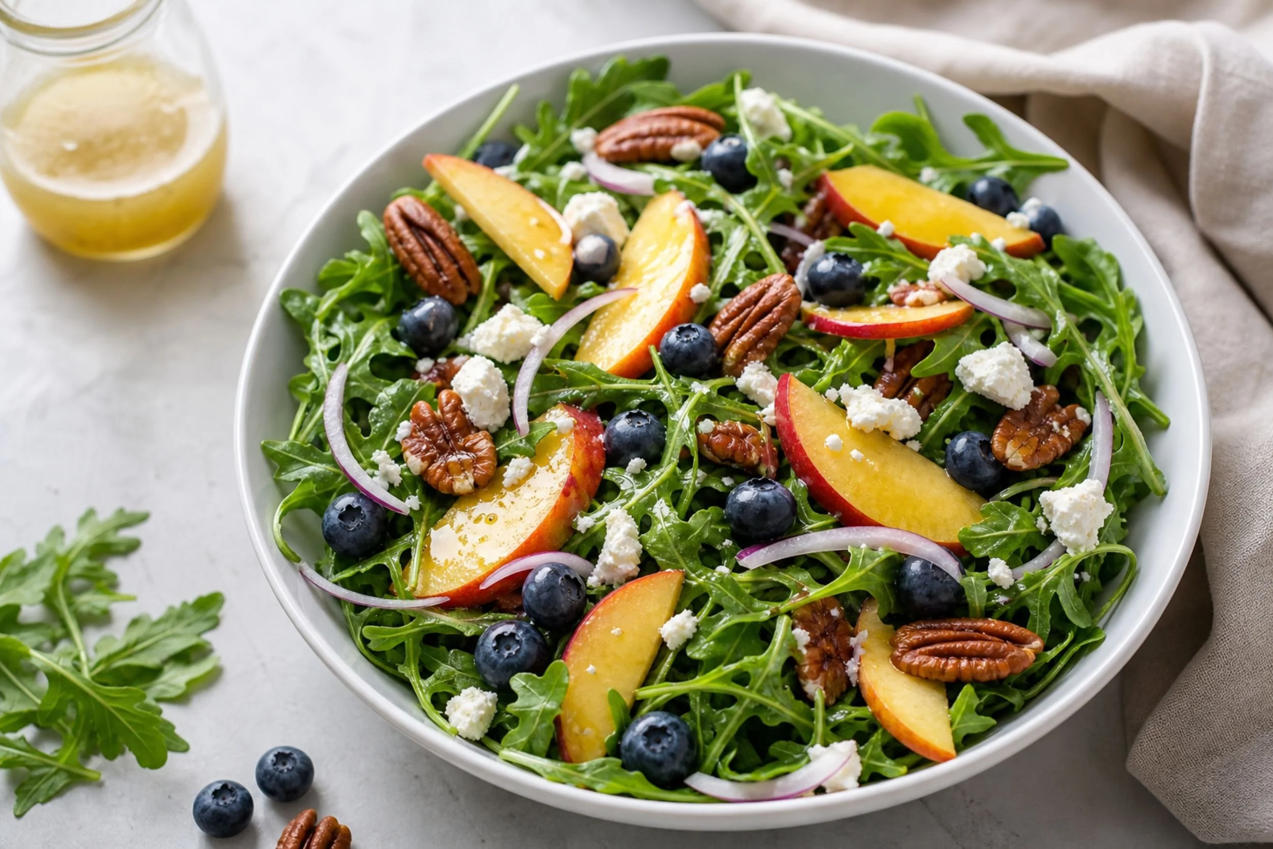 Blueberry Peach Arugula Salad with Honey Lime Vinaigrette