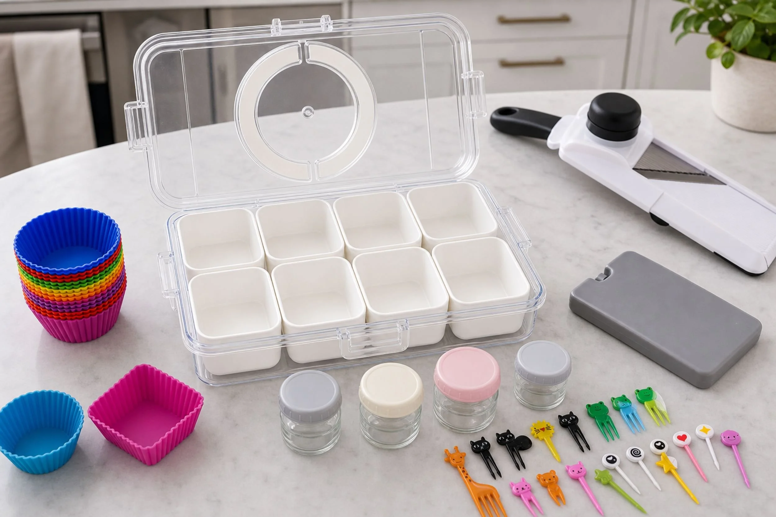 Snackle box supplies: a divided container, silicone cups, condiment jars, and food picks