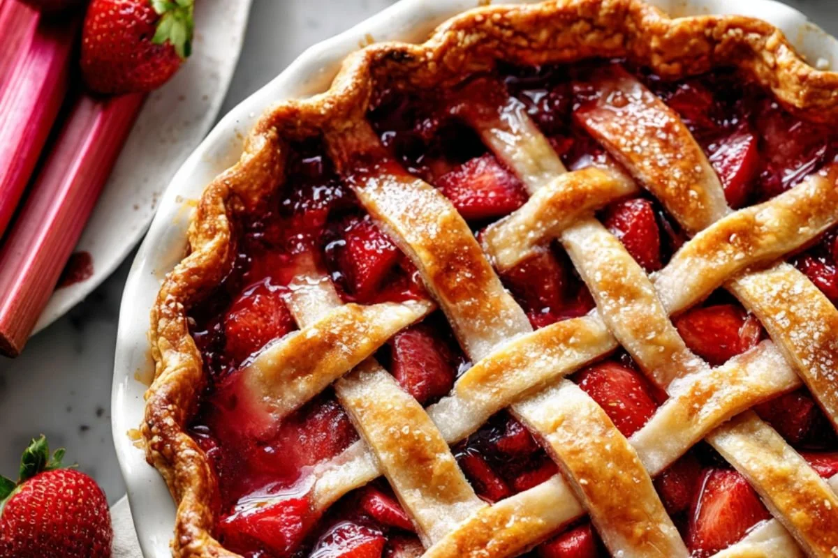 Bubbling strawberry rhubarb pie filling close-up showing glossy red strawberries and pink rhubarb under a lattice crust