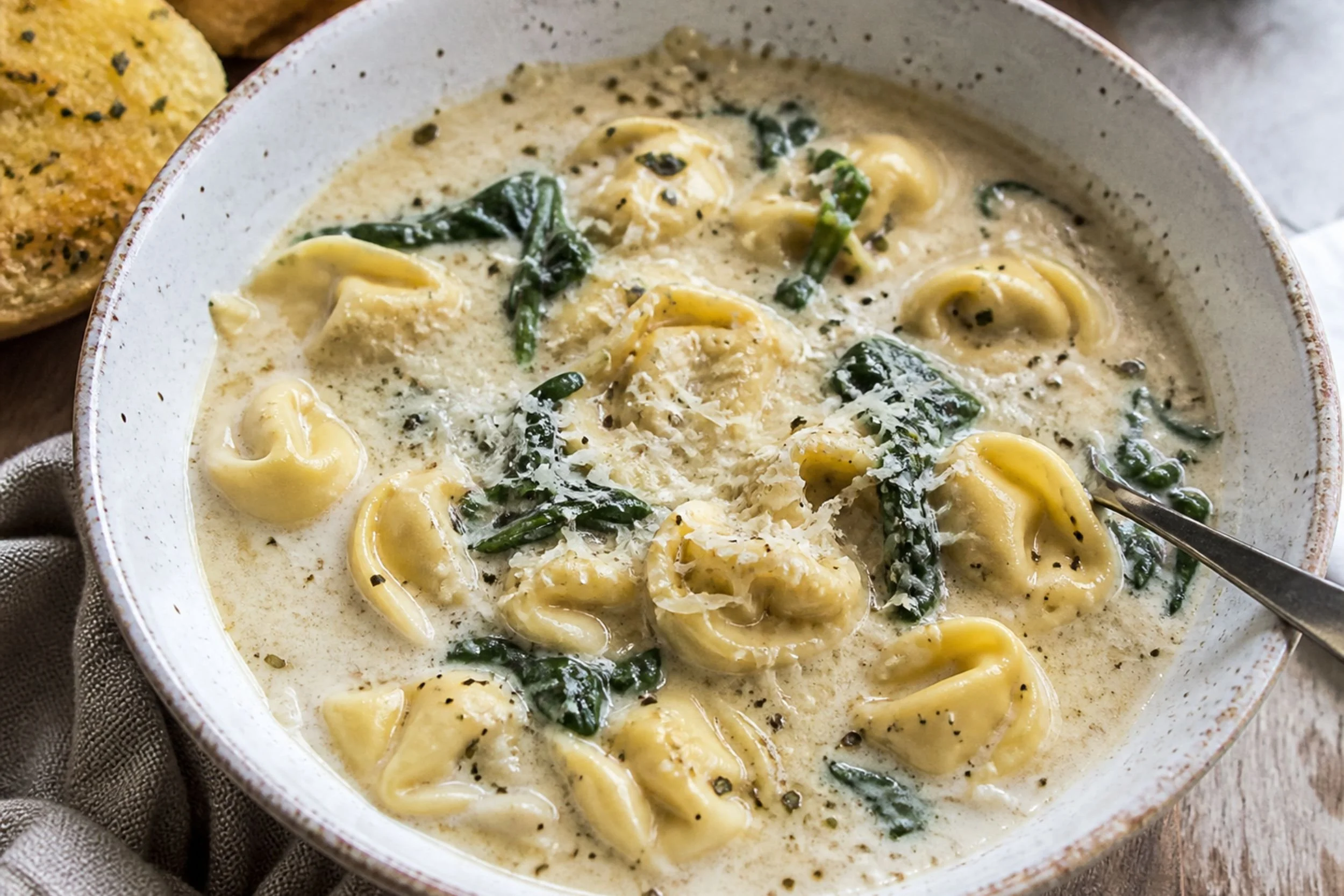 Bowl of creamy tortellini soup with wilted spinach and shaved parmesan