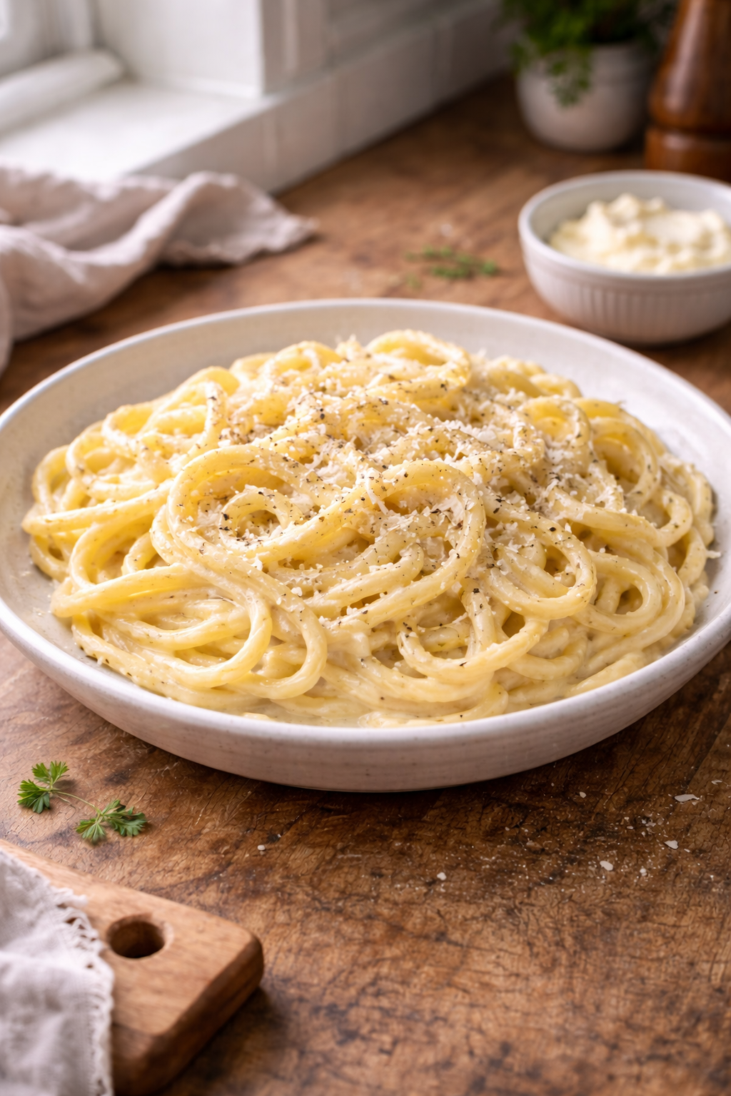 Easy creamy parmesan pasta in a rustic bowl with black pepper and freshly grated cheese in a bright homemade kitchen