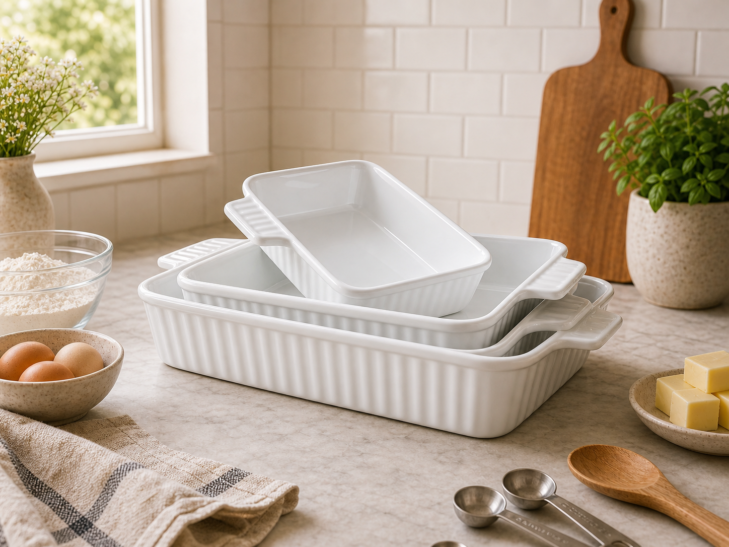 Set of 3 white ribbed ceramic baking dishes stacked on a marble kitchen countertop