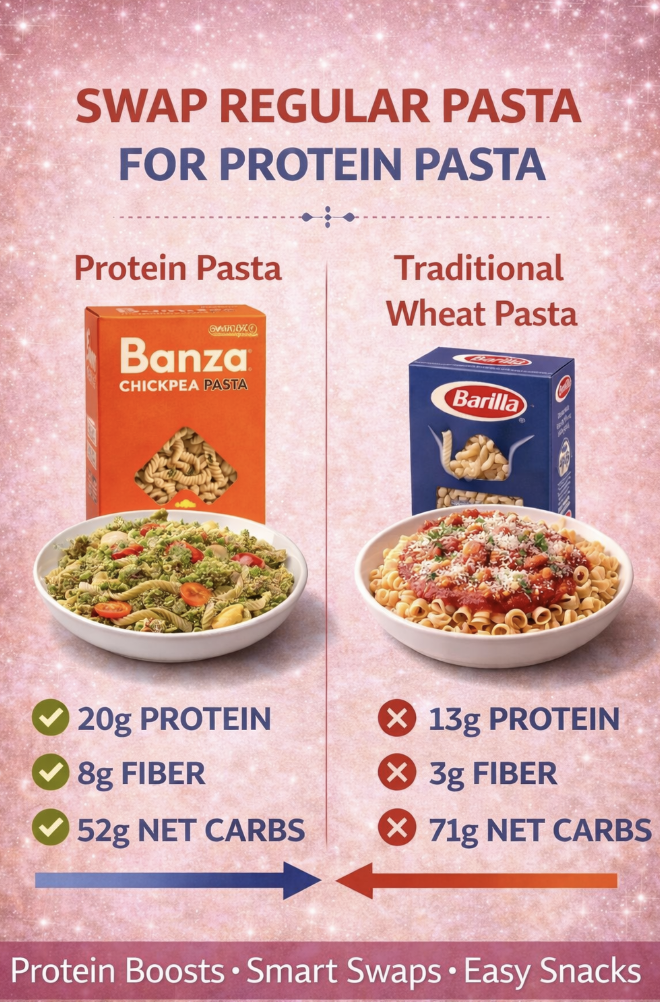Protein pasta vs traditional pasta comparison showing higher protein and fiber in chickpea pasta as a healthy pasta swap – Saucy Spoon Co healthy cooking hack
