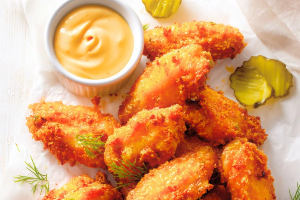 Close-up of a crispy pickle-brined chicken wing dipped in creamy copycat Chick-fil-A sauce