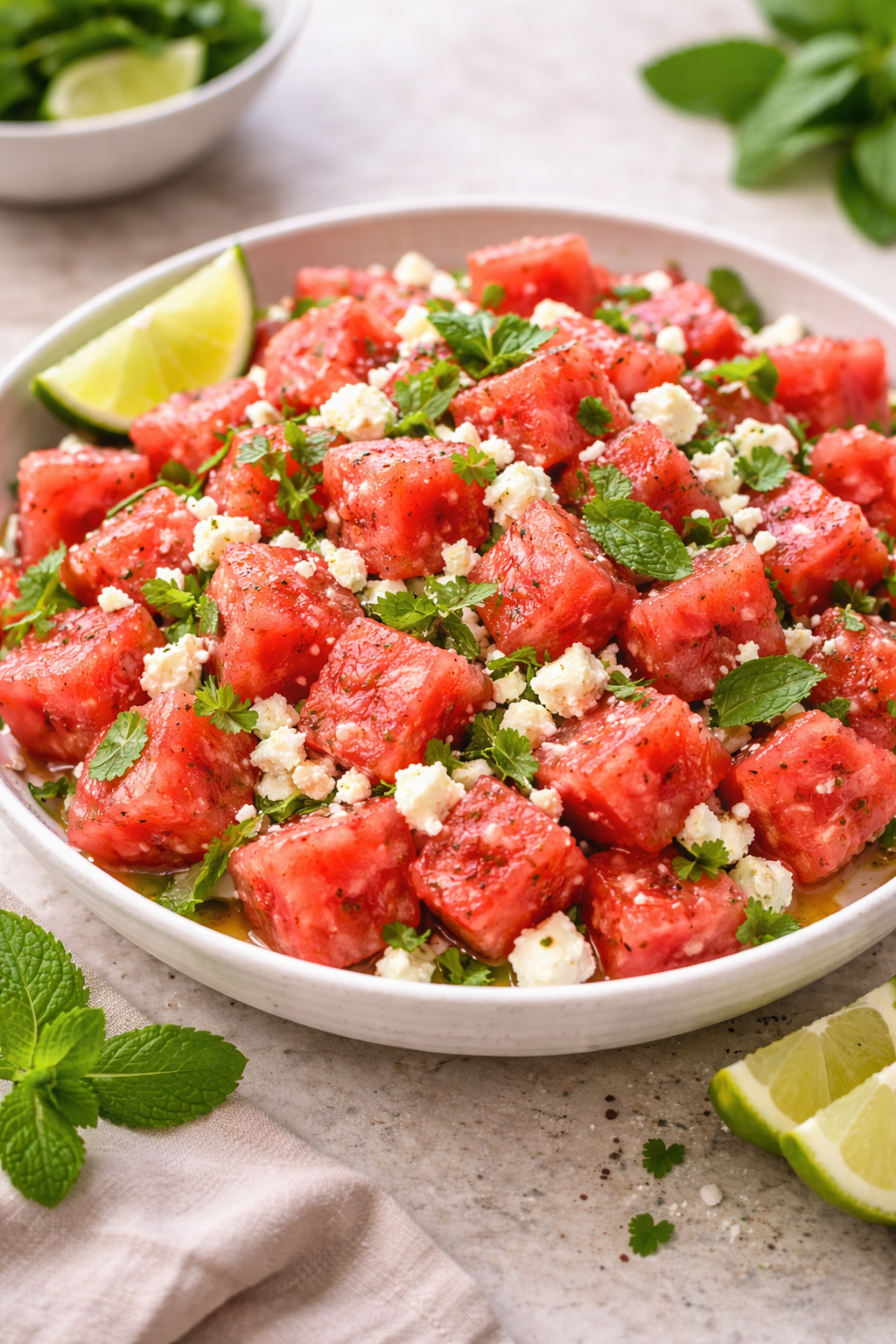 Watermelon feta salad with fresh mint, lime, and olive oil in a bowl, light and refreshing summer side dish
