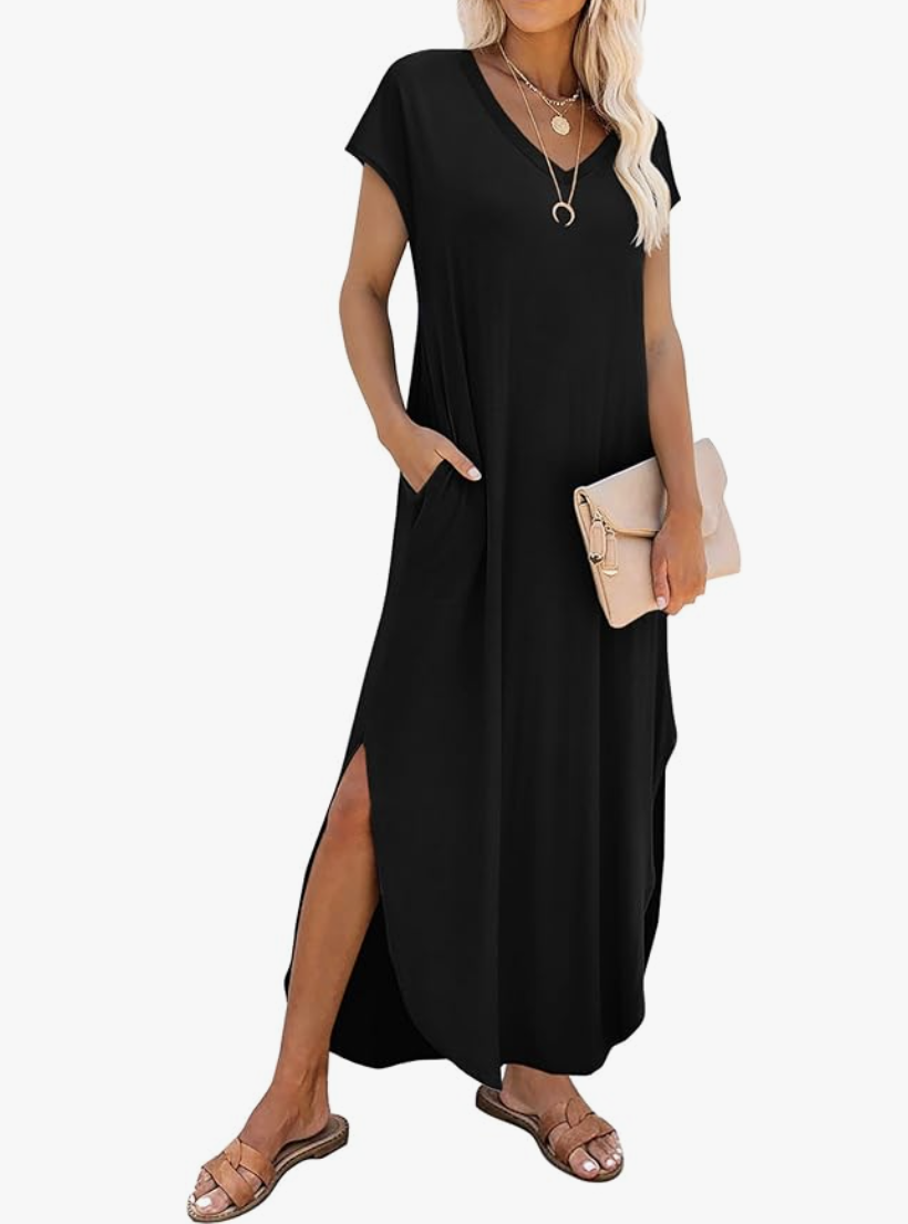 Comfortable black maxi dress with pockets, an easy throw-on summer outfit idea for busy moms.