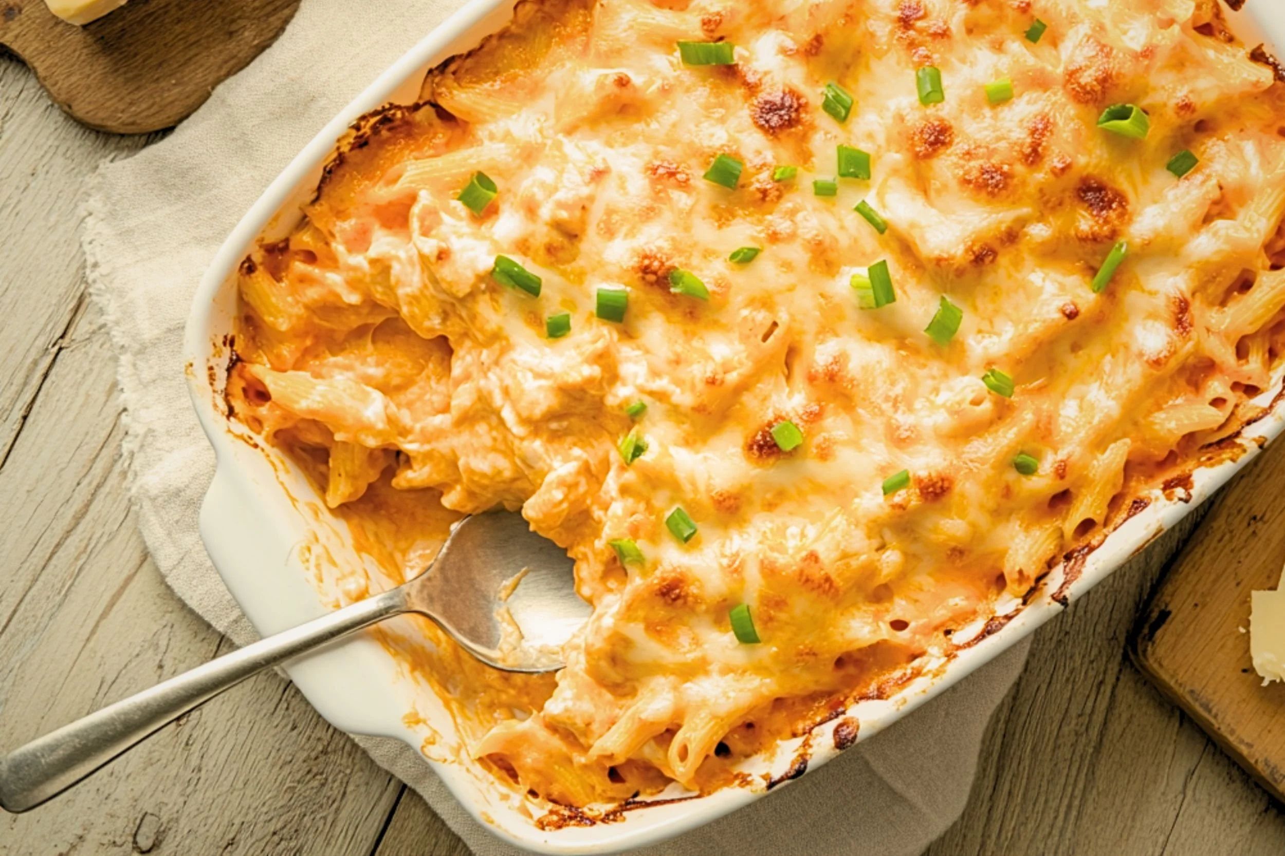 Baked buffalo chicken pasta in a white casserole dish with golden melted cheese crust, rotini pasta, and garnish of green onions