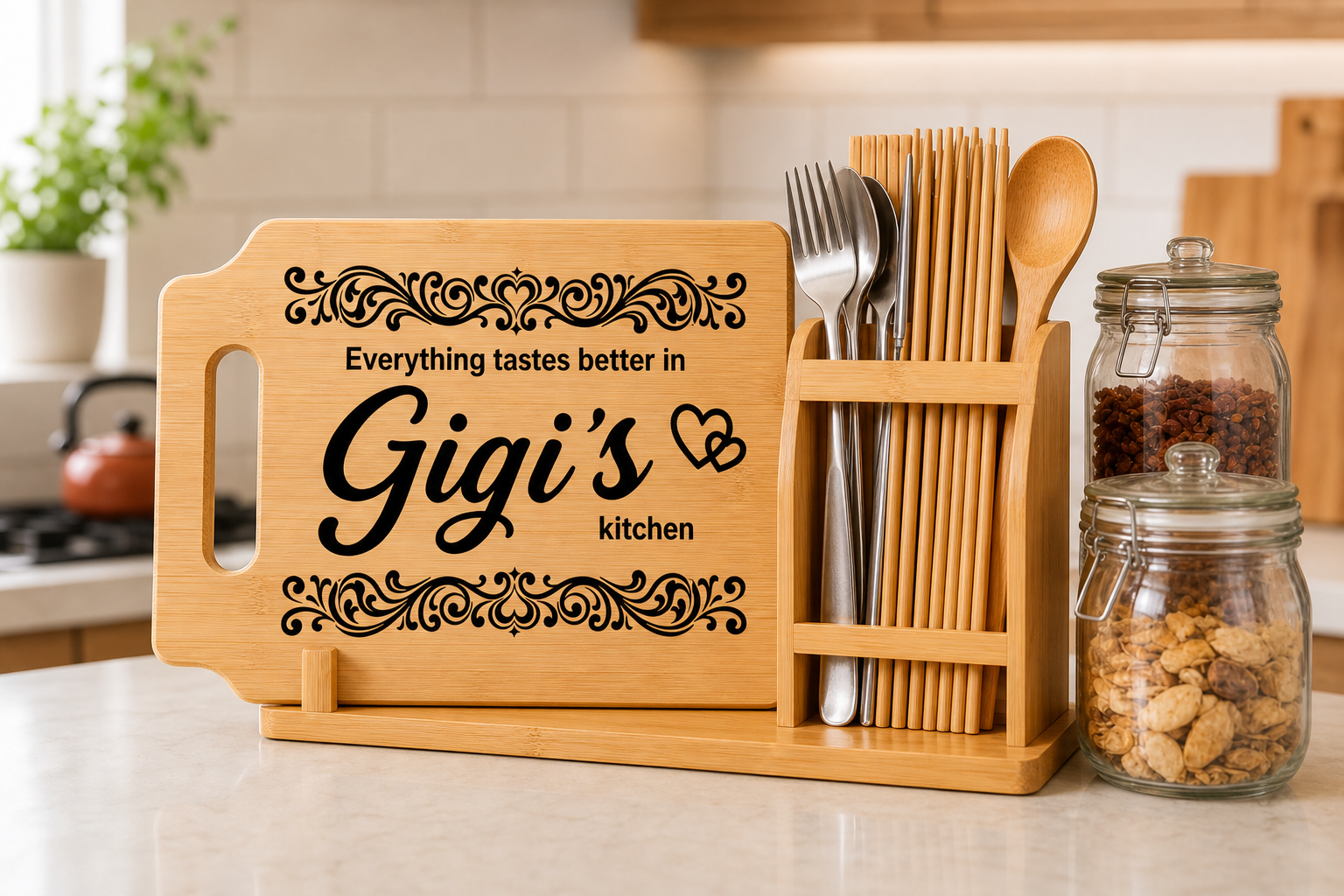 Personalized Gigi bamboo cutting board with decorative engraving and heart detail