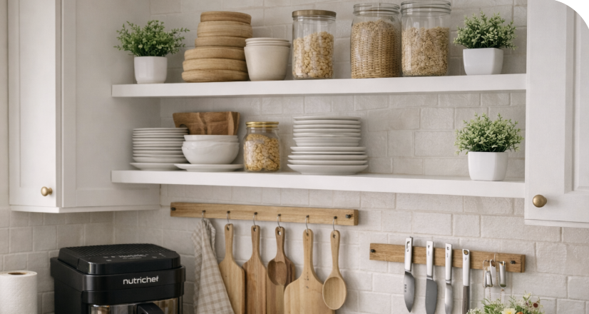 Cozy kitchen setup with faux plants on shelves and countertops, featuring organized cooking tools, wooden counters, and a clean, functional home kitchen