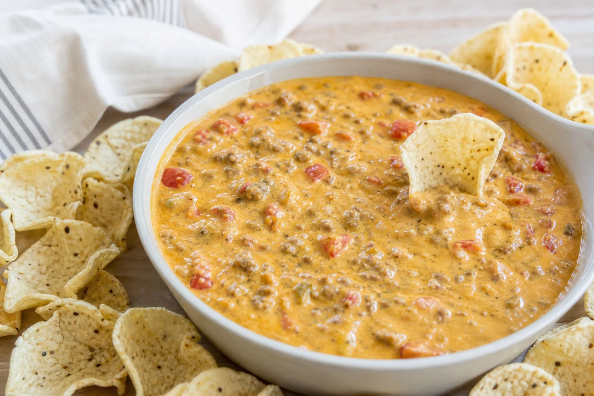 Creamy Rotel dip with ground beef in a white bowl surrounded by tortilla chips