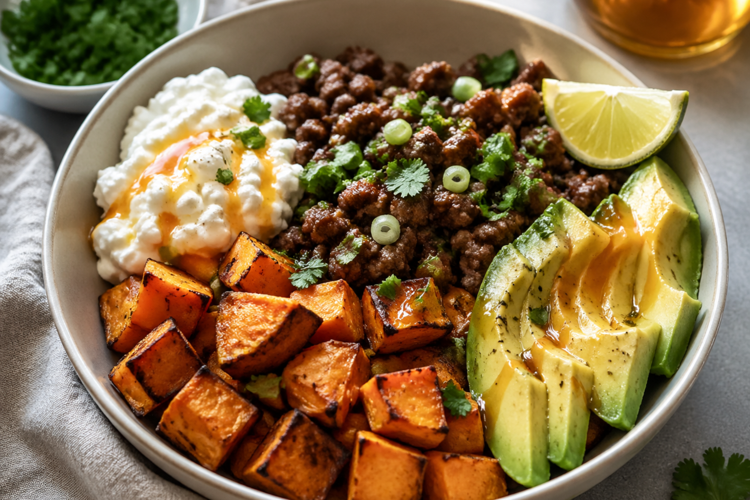 Hot honey cottage cheese sweet potato beef bowl with ground beef, avocado, roasted sweet potatoes, herbs, and lime