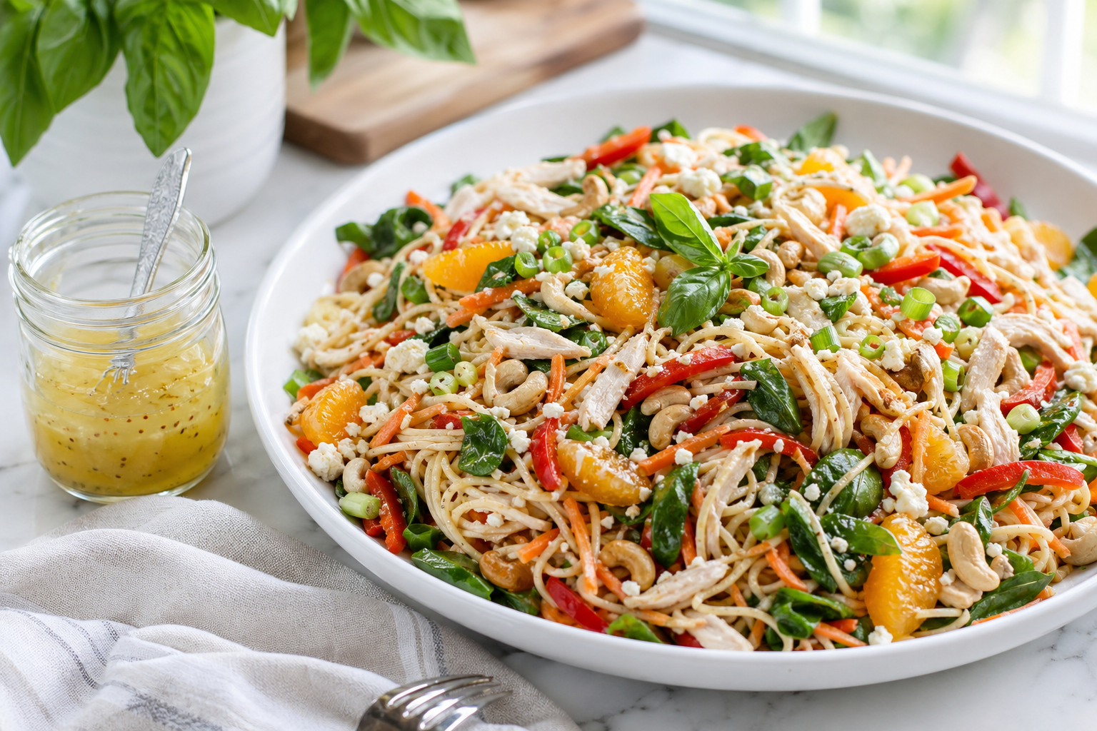 Summer chicken pasta salad with noodles, spinach, carrots, red bell pepper, mandarin oranges, feta, cashews, and a jar of champagne vinaigrette on the side.